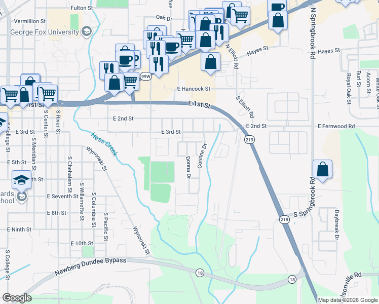 map of restaurants, bars, coffee shops, grocery stores, and more near 472 Donna Drive in Newberg