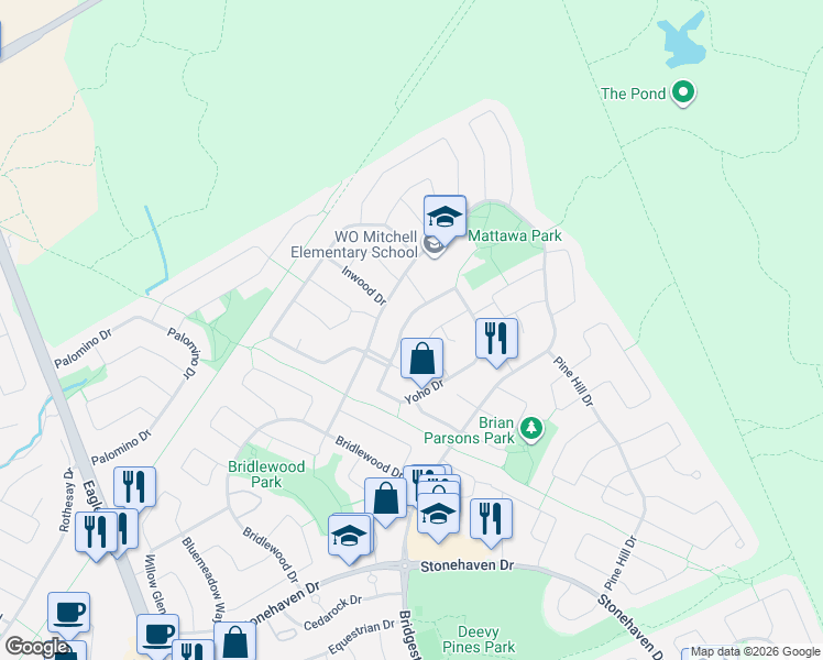 map of restaurants, bars, coffee shops, grocery stores, and more near 191 Yoho Drive in Ottawa