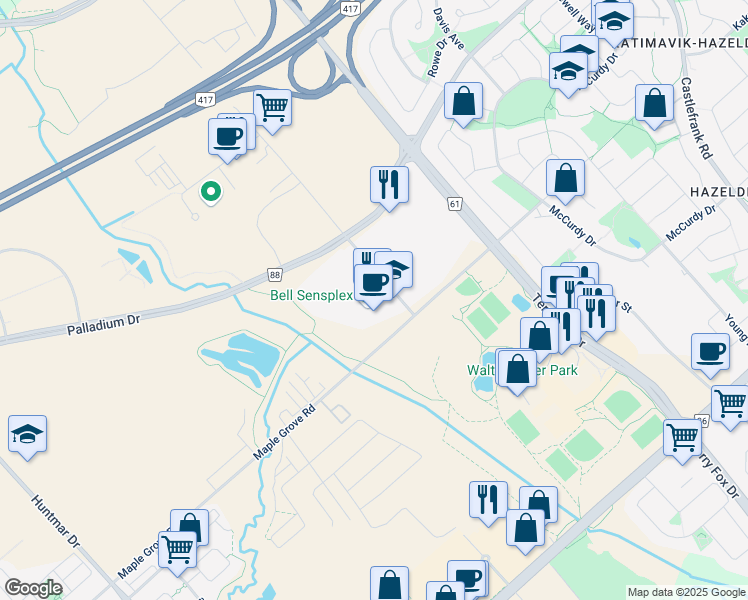 map of restaurants, bars, coffee shops, grocery stores, and more near 1565 Maple Grove Road in Ottawa