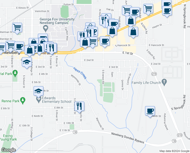 map of restaurants, bars, coffee shops, grocery stores, and more near 401 South Everest Road in Newberg
