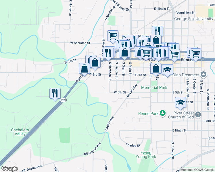 map of restaurants, bars, coffee shops, grocery stores, and more near 420 South Harrison Street in Newberg