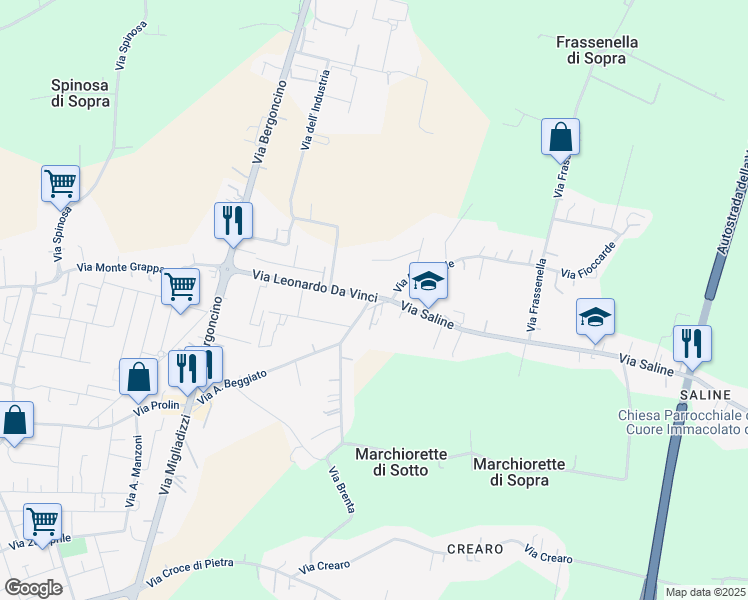 map of restaurants, bars, coffee shops, grocery stores, and more near 8 Via Saline in Noventa Vicentina