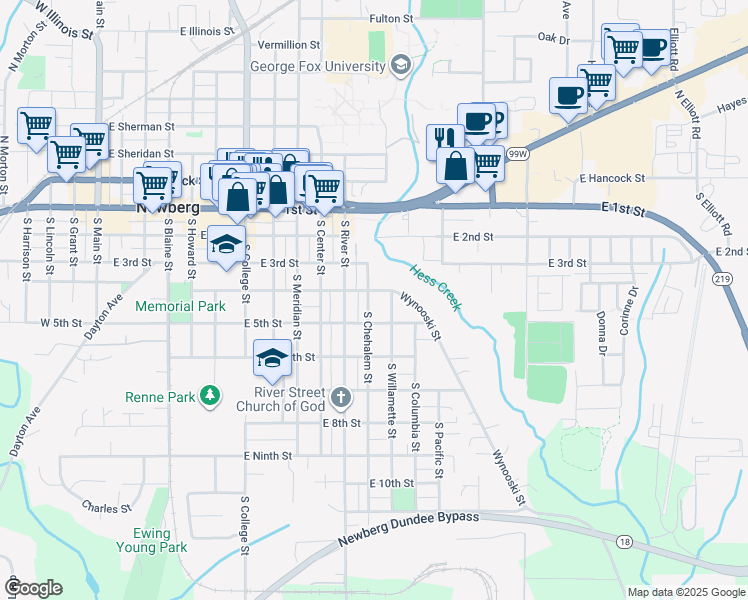 map of restaurants, bars, coffee shops, grocery stores, and more near 421 South Willamette Street in Newberg