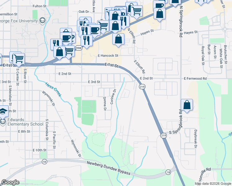 map of restaurants, bars, coffee shops, grocery stores, and more near 456 Corinne Drive in Newberg