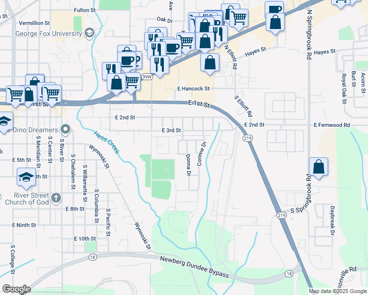 map of restaurants, bars, coffee shops, grocery stores, and more near 2202 Thompson Lane in Newberg