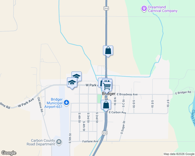 map of restaurants, bars, coffee shops, grocery stores, and more near 304 North 2nd in Bridger