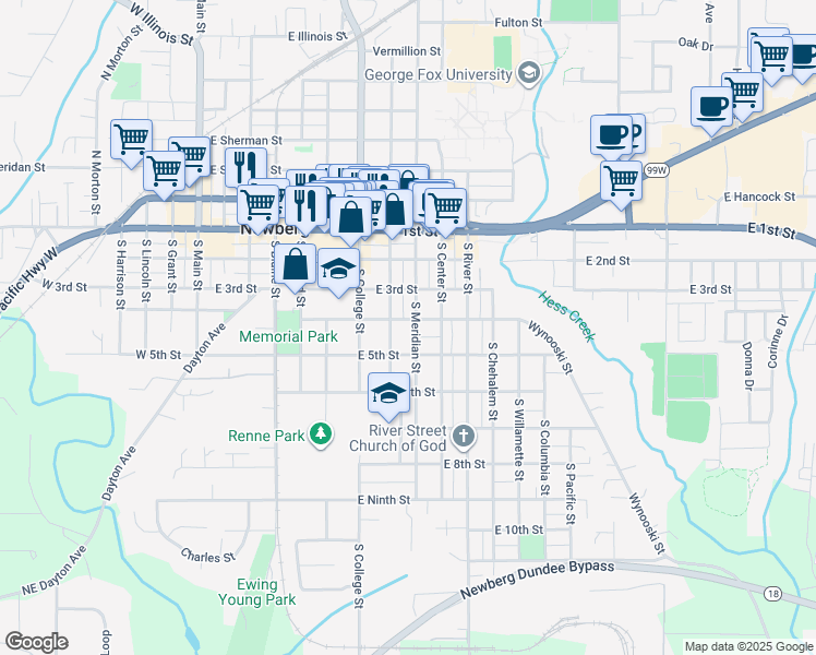 map of restaurants, bars, coffee shops, grocery stores, and more near 418 South Edwards Street in Newberg
