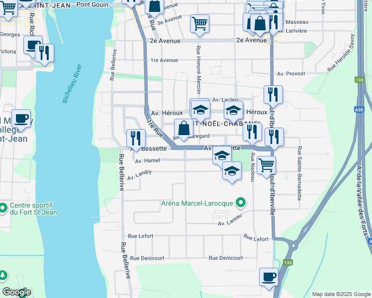 map of restaurants, bars, coffee shops, grocery stores, and more near 1020 Rue Monat in Iberville