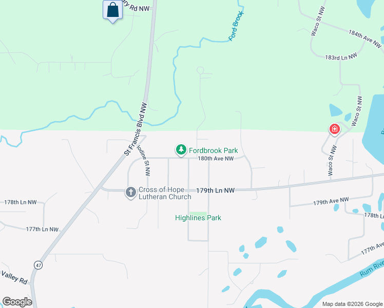 map of restaurants, bars, coffee shops, grocery stores, and more near 17958 Fluorine Street Northwest in Ramsey