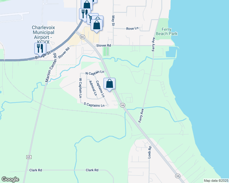 map of restaurants, bars, coffee shops, grocery stores, and more near 6585 State Highway 66 in Charlevoix