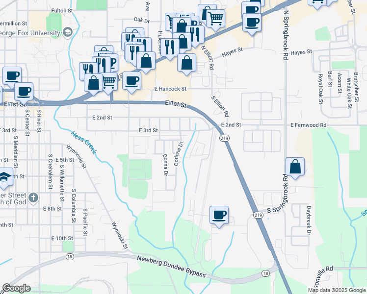 map of restaurants, bars, coffee shops, grocery stores, and more near 446 Corinne Drive in Newberg