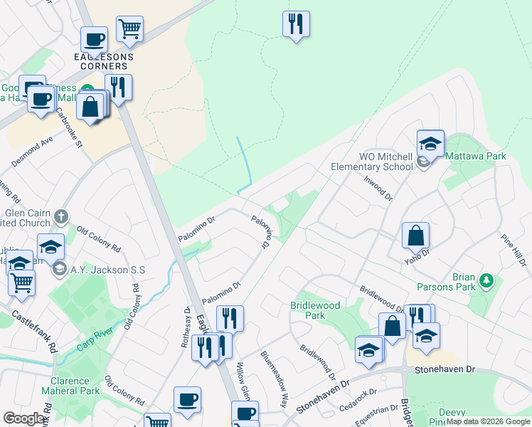 map of restaurants, bars, coffee shops, grocery stores, and more near 6 Shetland Way in Ottawa