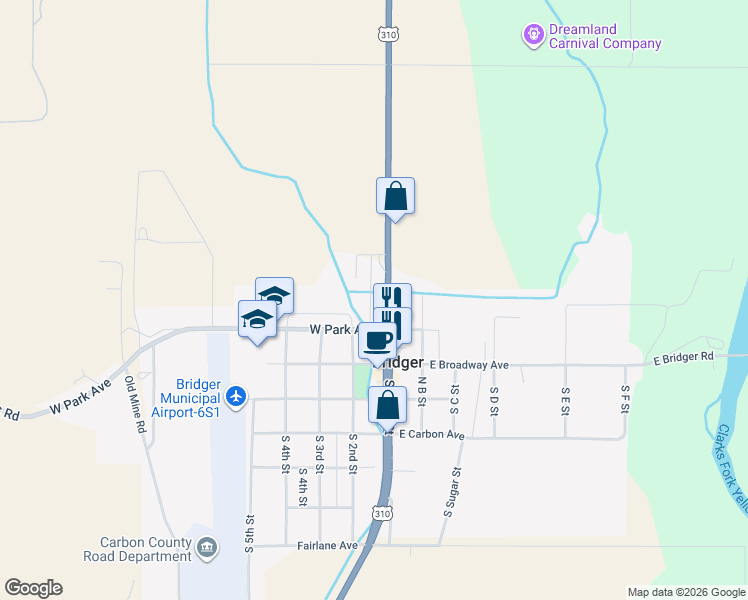map of restaurants, bars, coffee shops, grocery stores, and more near 304 North 2nd in Bridger