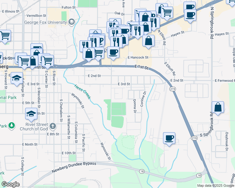map of restaurants, bars, coffee shops, grocery stores, and more near 300 South Everest Road in Newberg