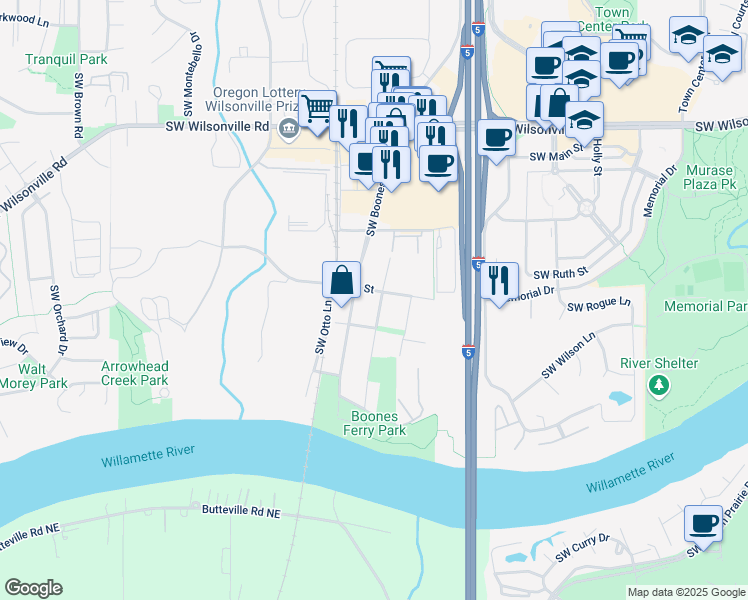 map of restaurants, bars, coffee shops, grocery stores, and more near 30725 Southwest Magnolia Avenue in Wilsonville