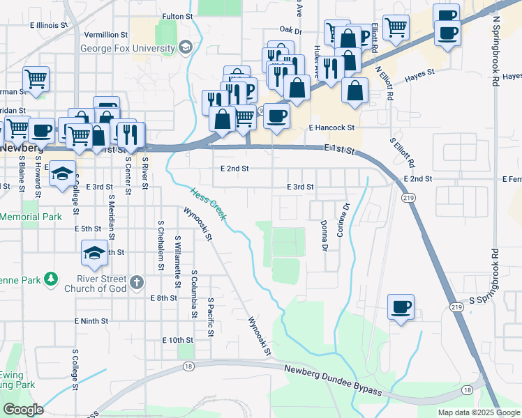 map of restaurants, bars, coffee shops, grocery stores, and more near 401 South Everest Road in Newberg