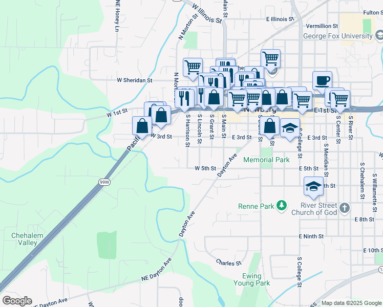 map of restaurants, bars, coffee shops, grocery stores, and more near 420 South Harrison Street in Newberg