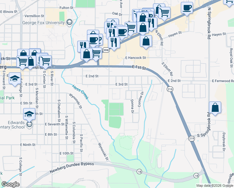 map of restaurants, bars, coffee shops, grocery stores, and more near 300 South Everest Road in Newberg
