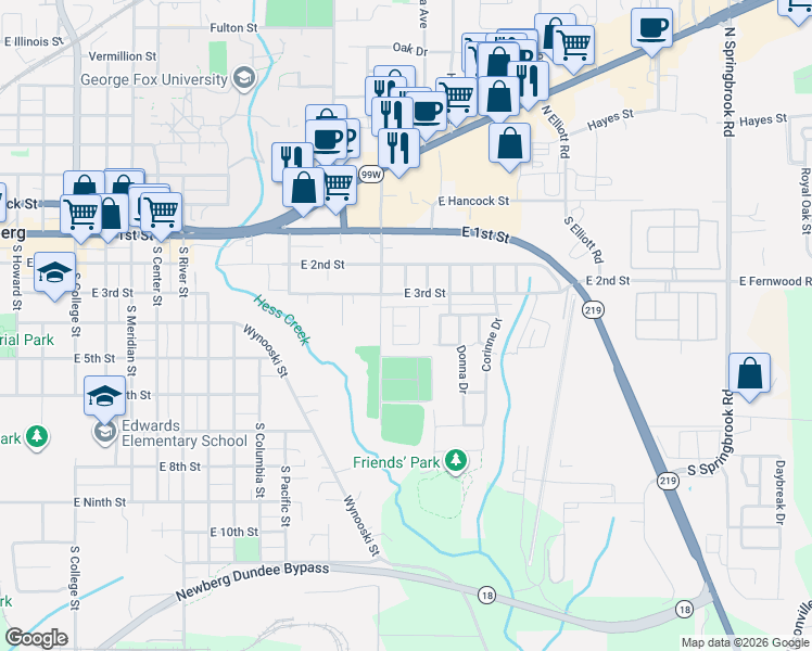 map of restaurants, bars, coffee shops, grocery stores, and more near 300 South Everest Road in Newberg