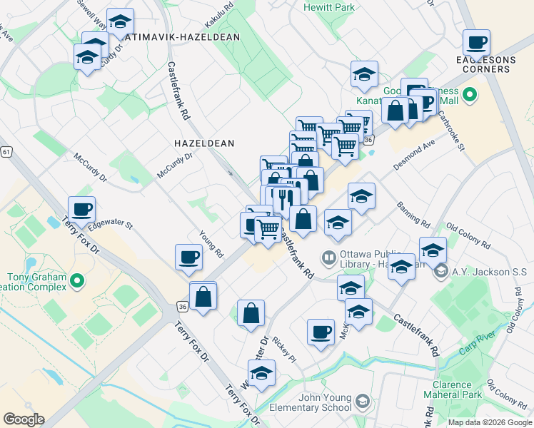 map of restaurants, bars, coffee shops, grocery stores, and more near Castlefrank Road in Ottawa