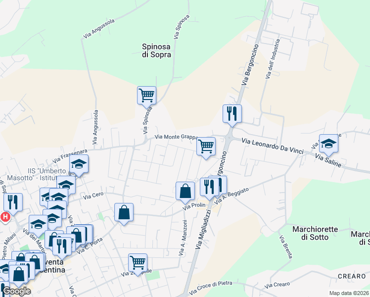 map of restaurants, bars, coffee shops, grocery stores, and more near Via Raffaello Sanzio in Noventa Vicentina