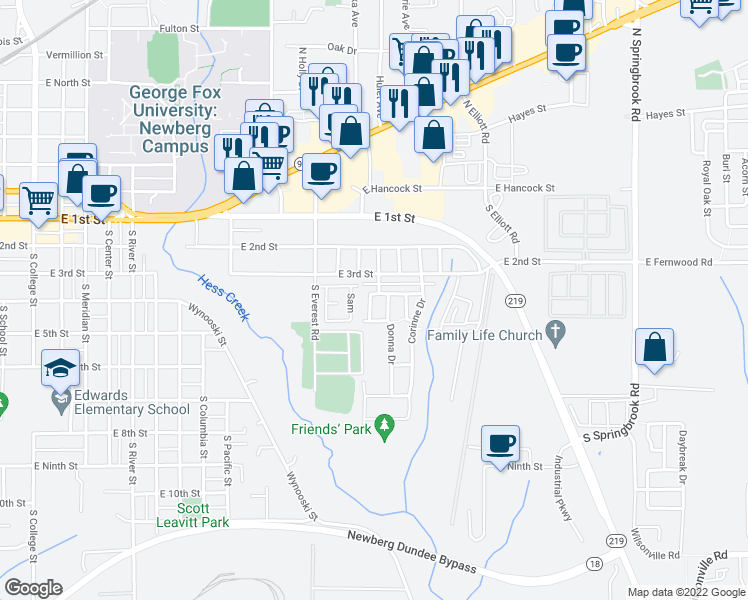 map of restaurants, bars, coffee shops, grocery stores, and more near 420 Lair Lane in Newberg