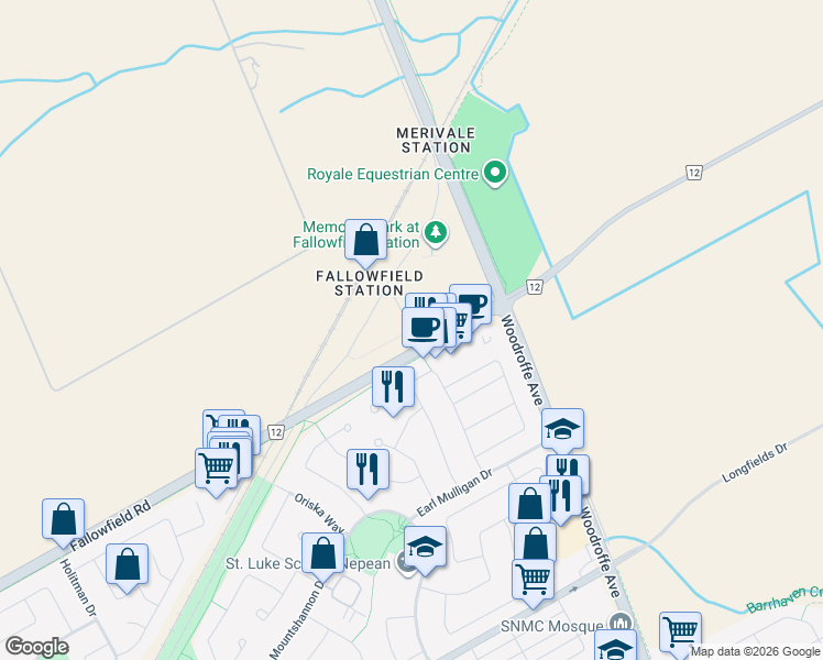 map of restaurants, bars, coffee shops, grocery stores, and more near Transitway in Ottawa