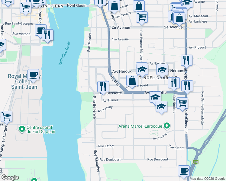 map of restaurants, bars, coffee shops, grocery stores, and more near 72 Avenue Bessette in Saint-Jean-sur-Richelieu