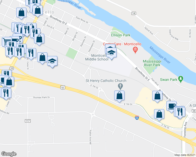 map of restaurants, bars, coffee shops, grocery stores, and more near 506 Territorial Road in Monticello