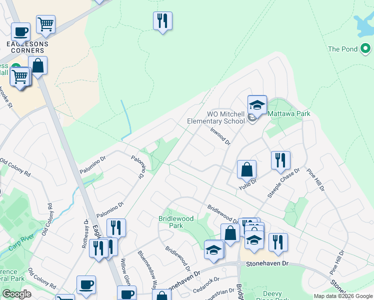 map of restaurants, bars, coffee shops, grocery stores, and more near 82 Springwater Drive in Ottawa