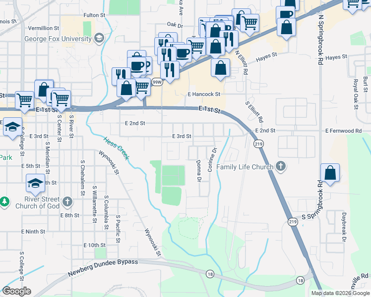 map of restaurants, bars, coffee shops, grocery stores, and more near 413 Lair Lane in Newberg