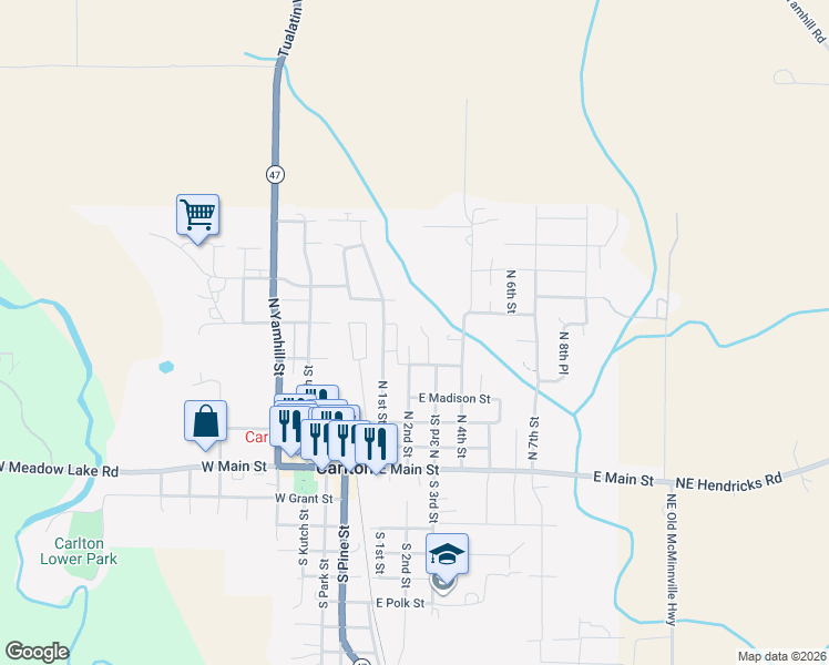 map of restaurants, bars, coffee shops, grocery stores, and more near 561 North Declaration Drive in Carlton
