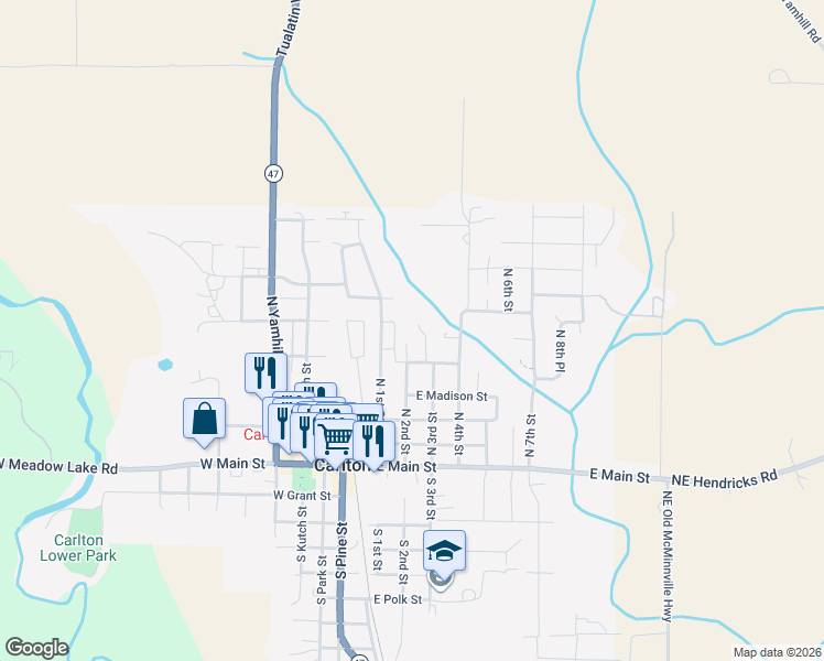 map of restaurants, bars, coffee shops, grocery stores, and more near 561 North Declaration Drive in Carlton