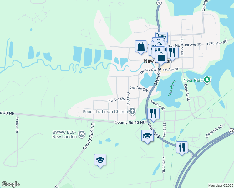 map of restaurants, bars, coffee shops, grocery stores, and more near 202 Pine Street Southwest in New London
