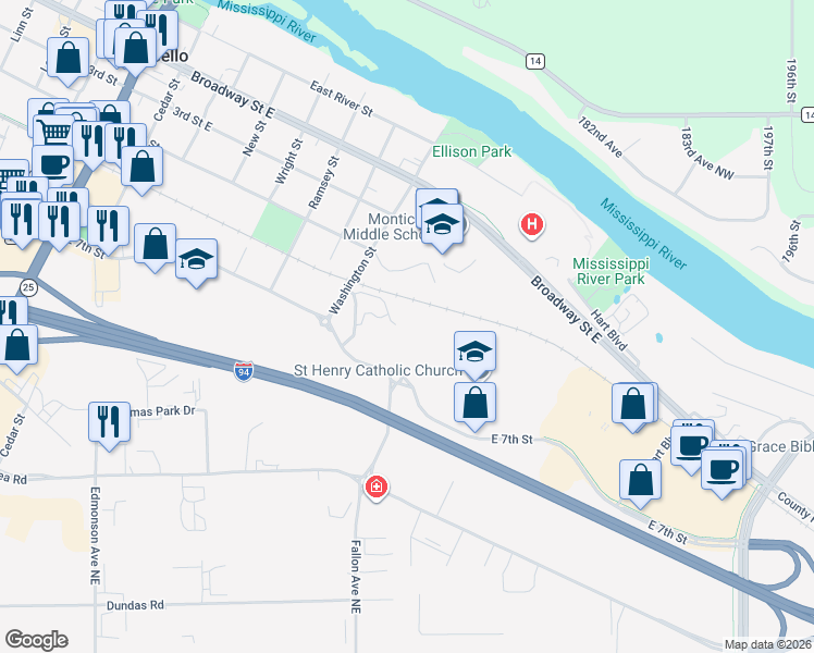 map of restaurants, bars, coffee shops, grocery stores, and more near 506 Territorial Road in Monticello