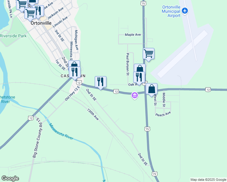 map of restaurants, bars, coffee shops, grocery stores, and more near U.S. 12 in Ortonville