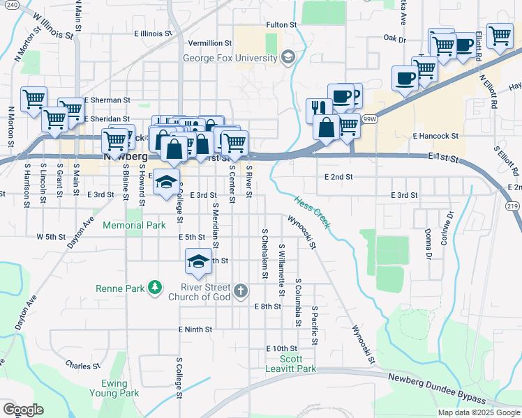 map of restaurants, bars, coffee shops, grocery stores, and more near 1113 East 4th Street in Newberg