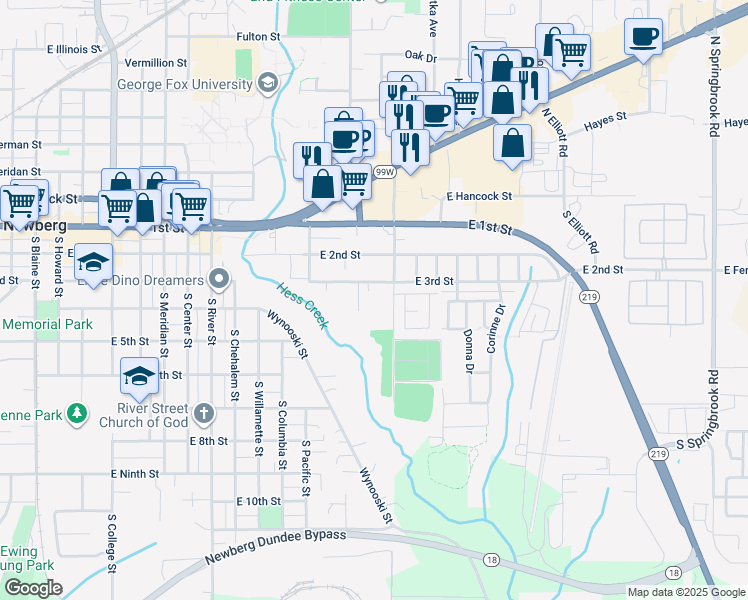 map of restaurants, bars, coffee shops, grocery stores, and more near 1558 East 3rd Street in Newberg