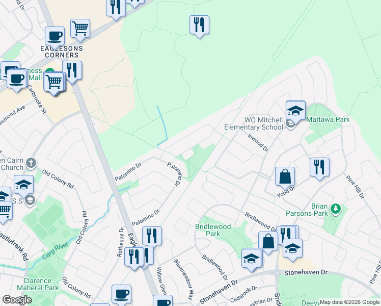 map of restaurants, bars, coffee shops, grocery stores, and more near 20 Shetland Way in Ottawa