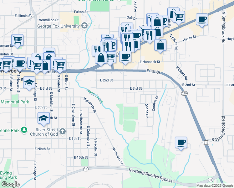 map of restaurants, bars, coffee shops, grocery stores, and more near 1562 East 3rd Street in Newberg