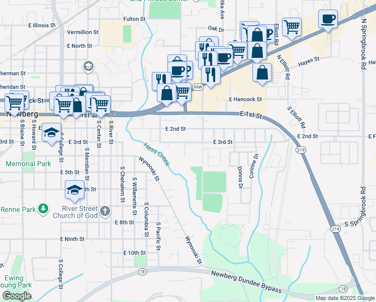 map of restaurants, bars, coffee shops, grocery stores, and more near 1536 East 3rd Street in Newberg