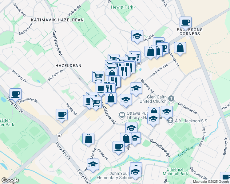 map of restaurants, bars, coffee shops, grocery stores, and more near 462 Hazeldean Road in Ottawa
