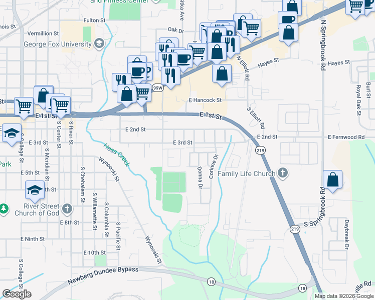 map of restaurants, bars, coffee shops, grocery stores, and more near 2115 Sam Parrett Drive in Newberg