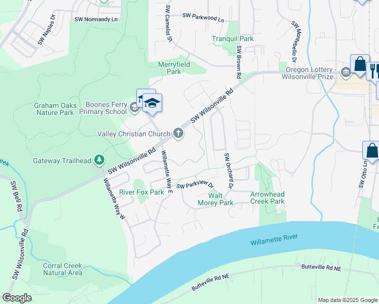 map of restaurants, bars, coffee shops, grocery stores, and more near 10910 Southwest Wilsonville Road in Wilsonville