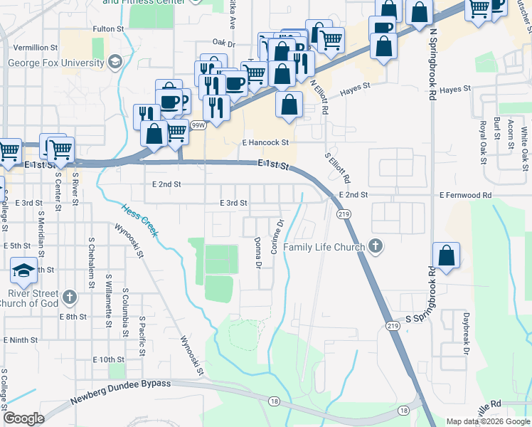 map of restaurants, bars, coffee shops, grocery stores, and more near 2303 Sam Parrett Drive in Newberg