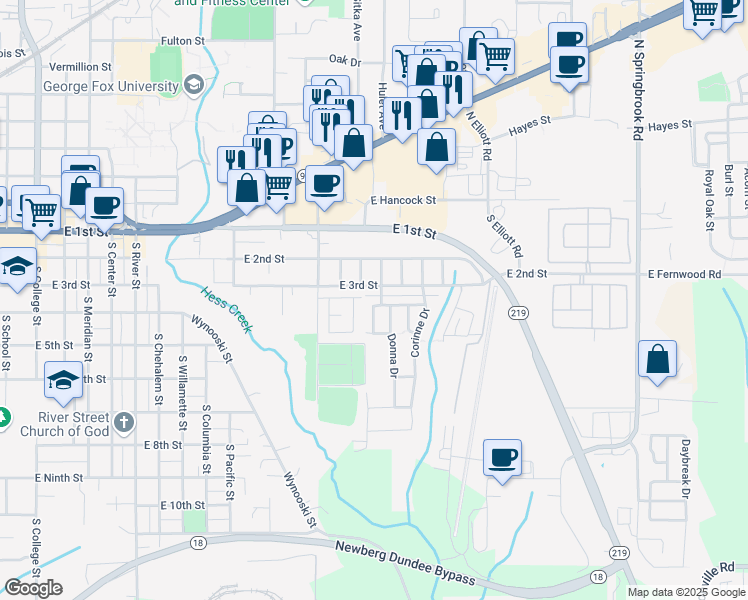map of restaurants, bars, coffee shops, grocery stores, and more near 2139 Sam Parrett Drive in Newberg