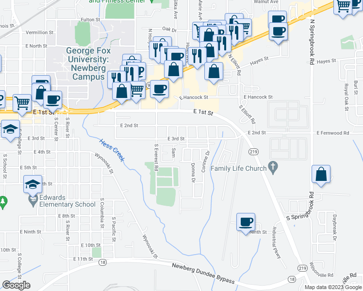 map of restaurants, bars, coffee shops, grocery stores, and more near 2127 Sam Parrett Drive in Newberg