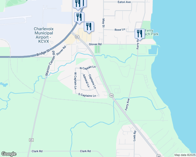 map of restaurants, bars, coffee shops, grocery stores, and more near 6585 Michigan 66 in Charlevoix