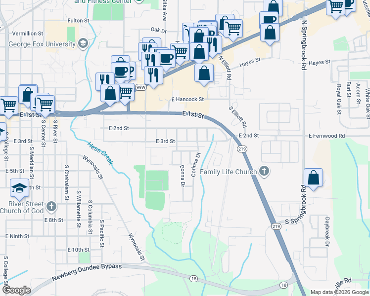 map of restaurants, bars, coffee shops, grocery stores, and more near 2263 Sam Parrett Drive in Newberg