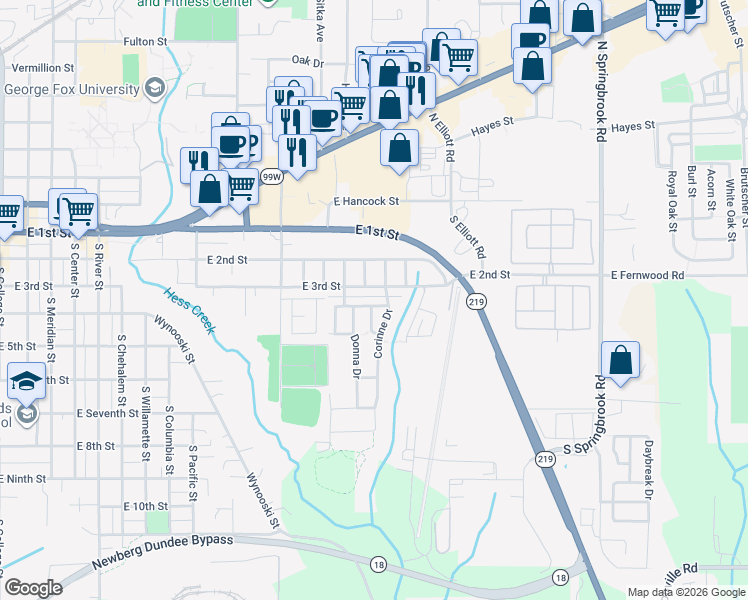 map of restaurants, bars, coffee shops, grocery stores, and more near 2339 Sam Parrett Drive in Newberg